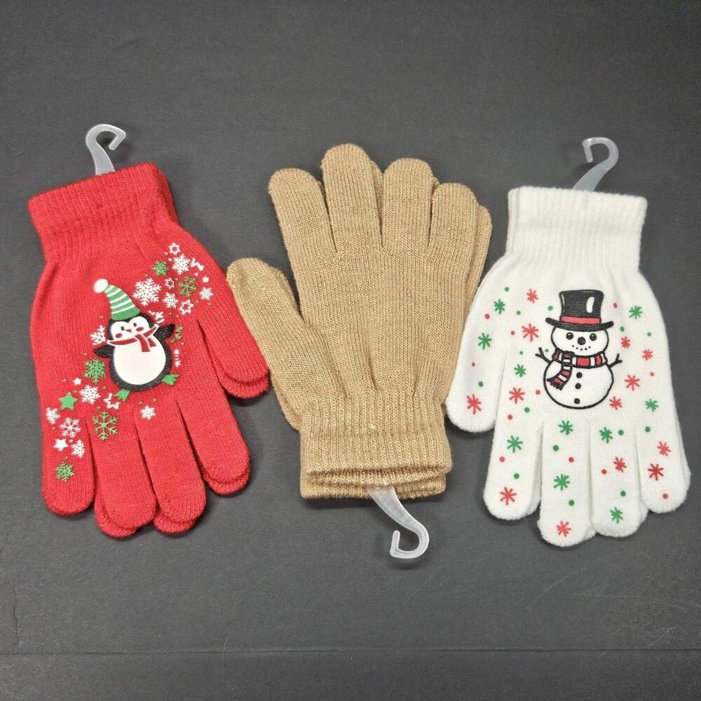 Youth Gloves One Size Bundle Of 3, Red White And‎ Sparkling Tan Christmas Themed